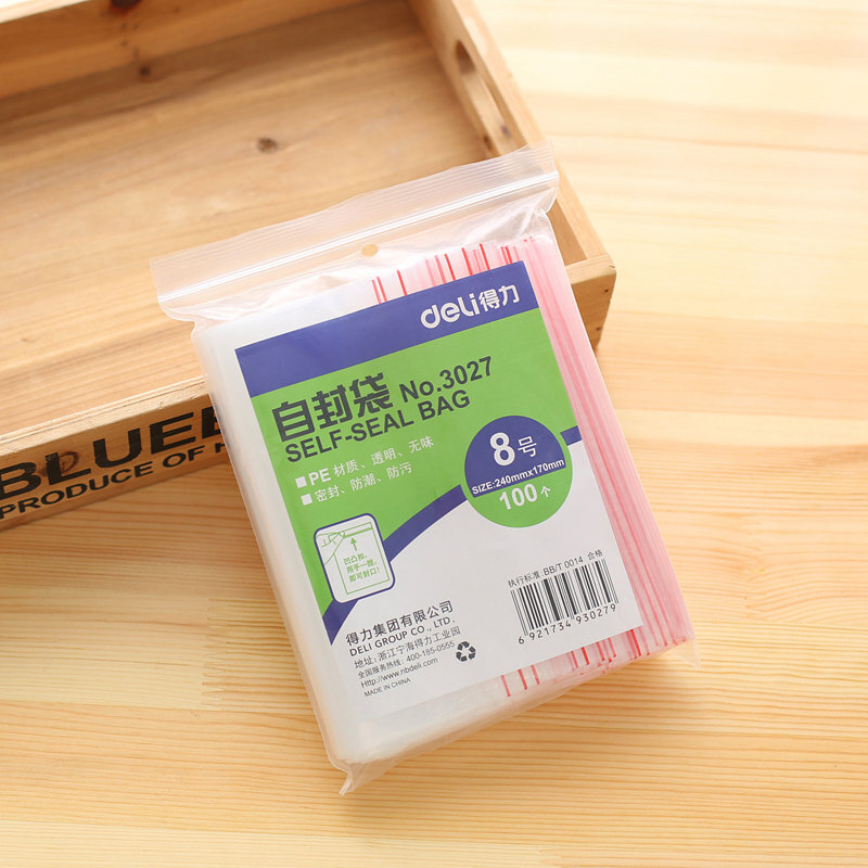 得力（deli） 3027 自封袋(透明)-8號(100個(gè)/包)240ｘ170mm0.04mm_http://02394.cn/img/sp/206/8c57c53e-24cf-4d6c-a371-3fd0c02cb402.jpg