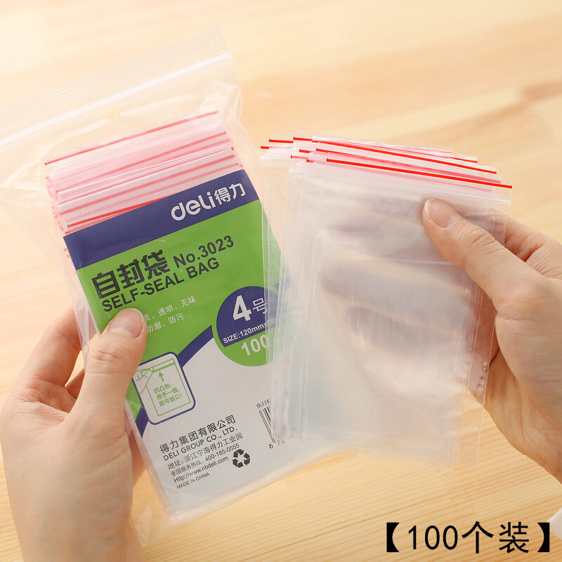 得力（deli） 3023 自封袋(透明)-4號(100個(gè)/包)120ｘ85mm0.04mm_http://02394.cn/img/sp/206/979e20f0-fc7b-4924-ae16-ea41a488d845.jpg