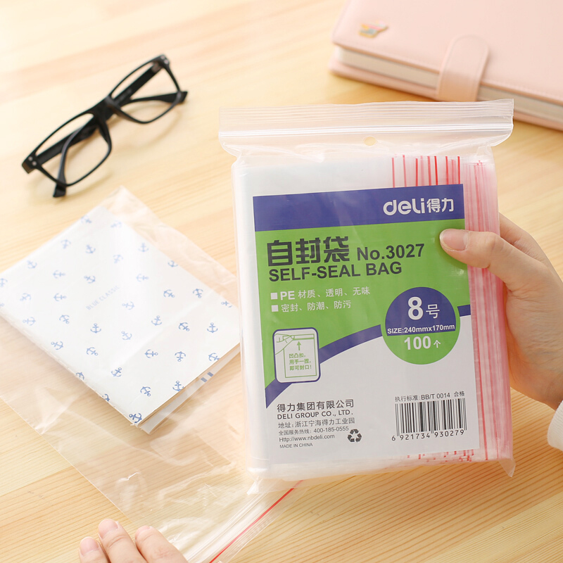 得力（deli） 3027 自封袋(透明)-8號(100個(gè)/包)240ｘ170mm0.04mm_http://02394.cn/img/sp/206/af8befdc-1ad5-4329-9360-ce721e30343f.jpg