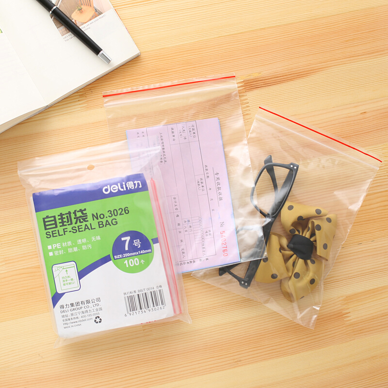 得力（deli） 3026 自封袋(透明)-7號(100個/包)200ｘ140mm0.04mm_http://02394.cn/img/sp/206/c5f1a81b-3433-4b02-b273-1880ed038910.jpg